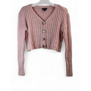 Art Class Pink Ribbed Button-Up Cropped Cardigan Sweater L (10/12) Long Sleeve